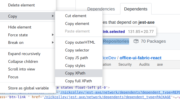 Developer tools showing context menu with 'Copy XPath' option.