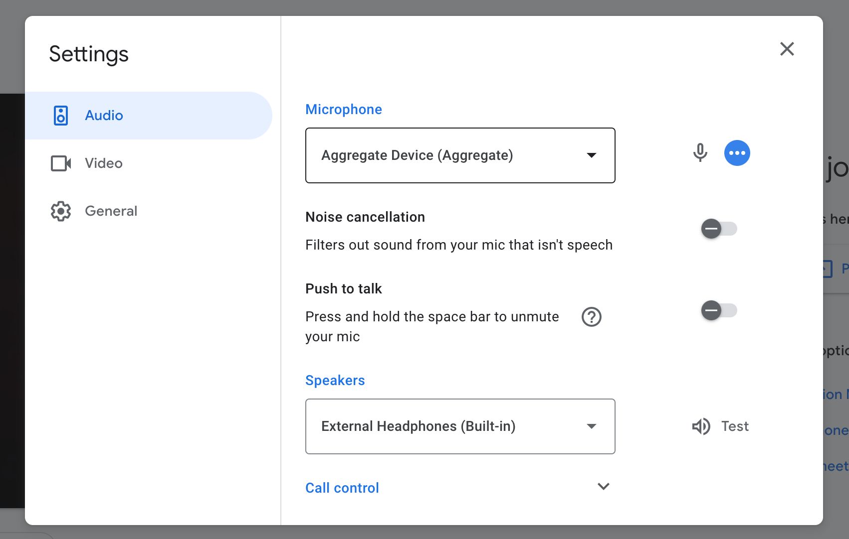 Google Meet Settings showing Audio tab showing Microphone dropdown set to Aggregate Device, Noise Cancellation turned off