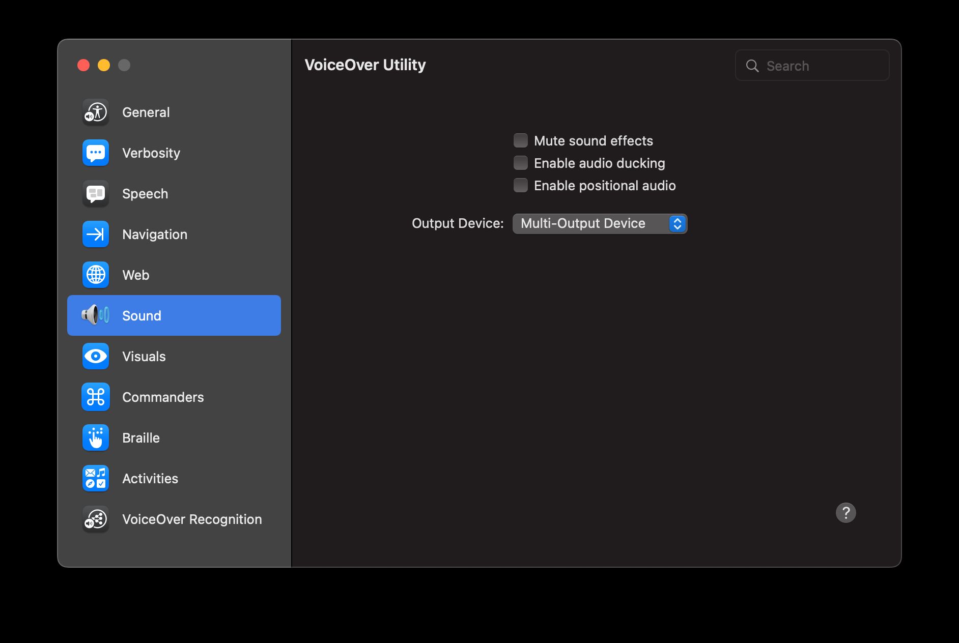 VoiceOver Utility showing Sound tab showing Output Device set to Multi-Output Device